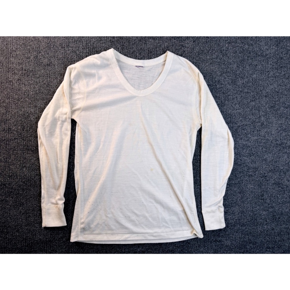 Vintage Cream Thermal Long Sleeve Top Small Off White Base Layer Lace Trim Stain